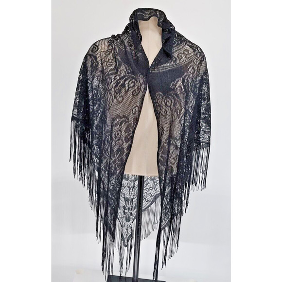 Qian Cai Woman Outfit SZ 15 Black long Elaborate Skirt Crochet Shaw Bead Choker - Picture 4 of 16